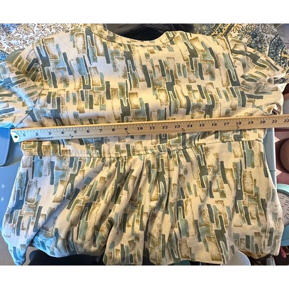 J Jill Jacket Womens Petite L Beige Blue Geo Print Silk Blazer Peplum Hem Boho - Picture 10 of 10